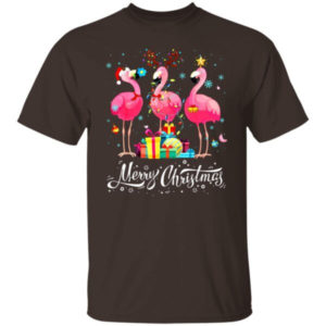Merry Christmas Funny Flamingo Lights Santa Hat Gift Christmas Shirt Unisex T-Shirt Dark Chocolate S