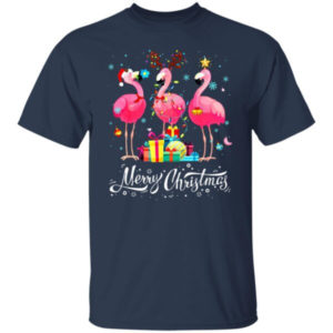 Merry Christmas Funny Flamingo Lights Santa Hat Gift Christmas Shirt Unisex T-Shirt Navy S