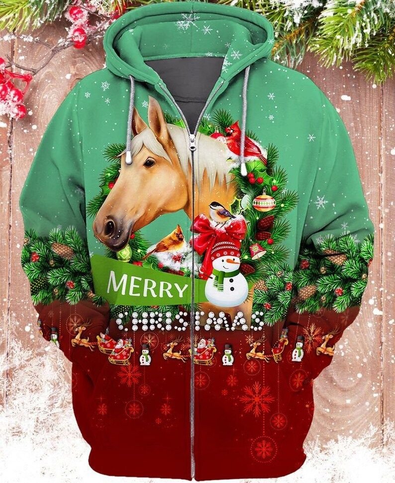 Merry Christmas Horse Snowman 3D All Over Print Zip Hoodie 3D Zip Hoodie Green S