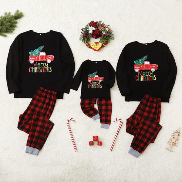 Merry Christmas Red Car Christmas Tree Pajamas Set Kid Pajamas Shirt Black 2Y