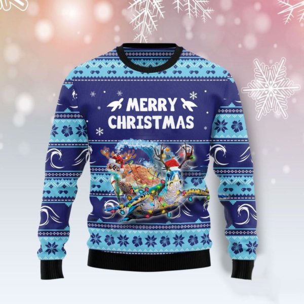 Merry Christmas Two Cute Sea Turtle Reindeer Santa Christmas 3D Sweater AOP Sweater Blue S