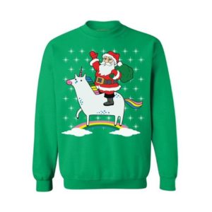 Merry Christmas with Santa and Unicorn Sweatshirt Green S