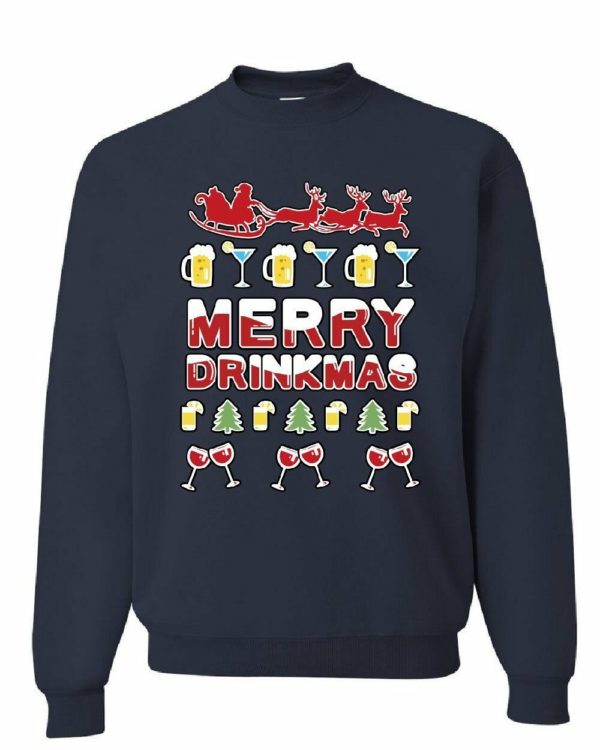 Merry Drinkmas Sweatshirt Santa Drinking Party Beer Christmas Sweatshirt Sweatshirt Navy S