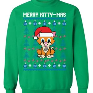 Merry Kitty-Mas Cute Cartoon Cat Christmas Sweatshirt Sweatshirt Green S