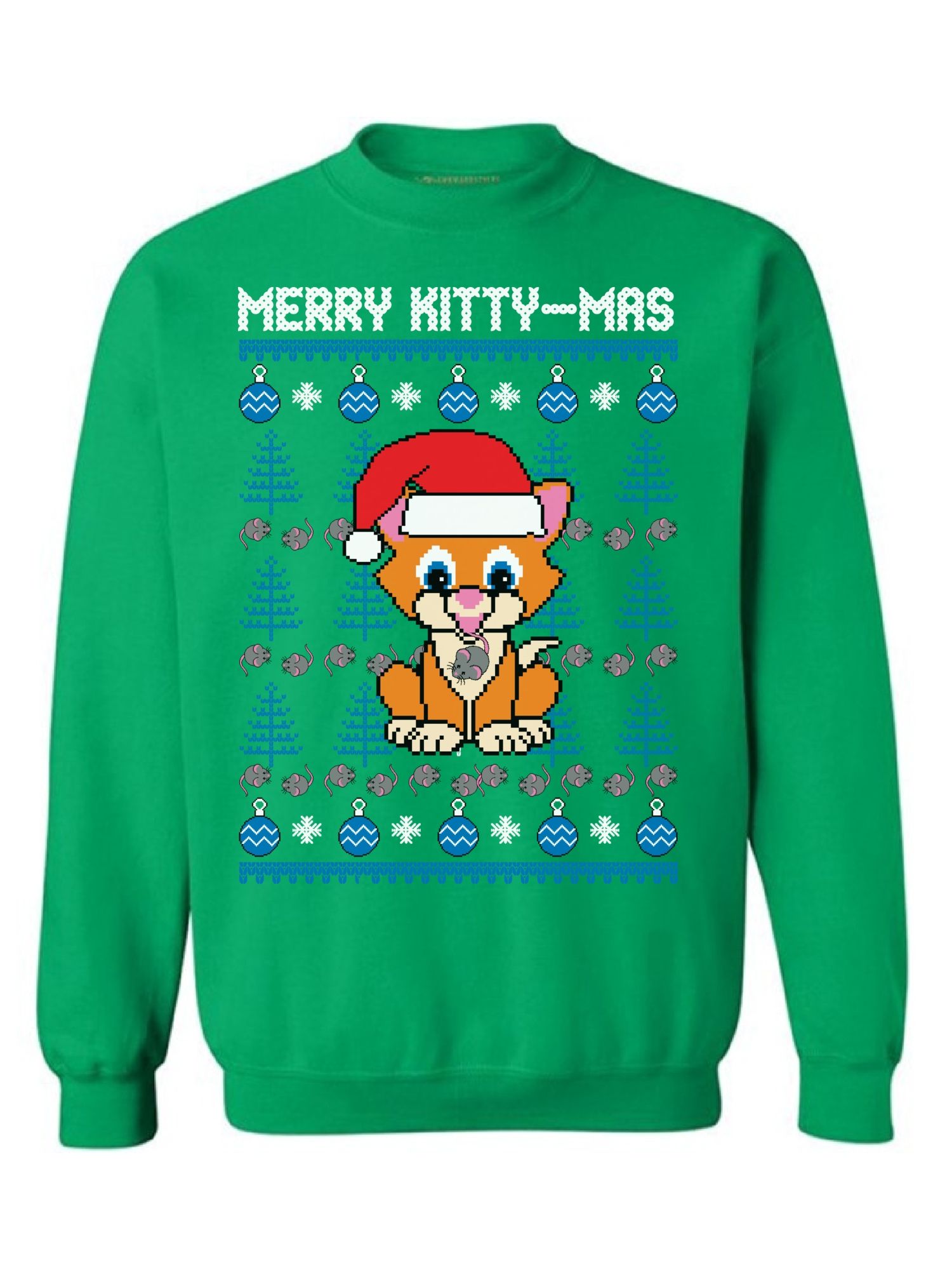 Merry Kitty-Mas Cute Cartoon Cat Christmas Sweatshirt Style: Sweatshirt, Color: Green