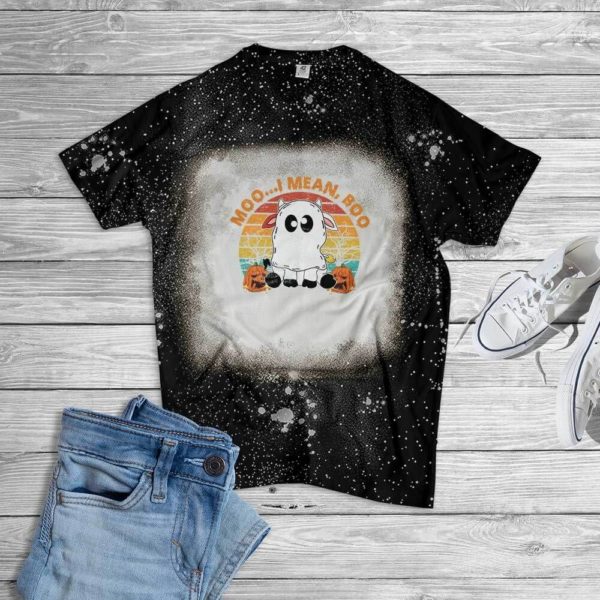Moo I Mean Boo Ghost Cow Halloween Bleached T-Shirt Bleached T-Shirt Black XS