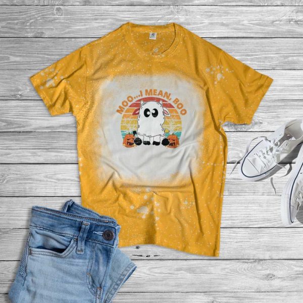 Moo I Mean Boo Ghost Cow Halloween Bleached T-Shirt Bleached T-Shirt Gold XS