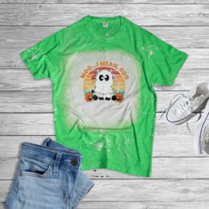 Moo I Mean Boo Ghost Cow Halloween Bleached T-Shirt Bleached T-Shirt Green XS