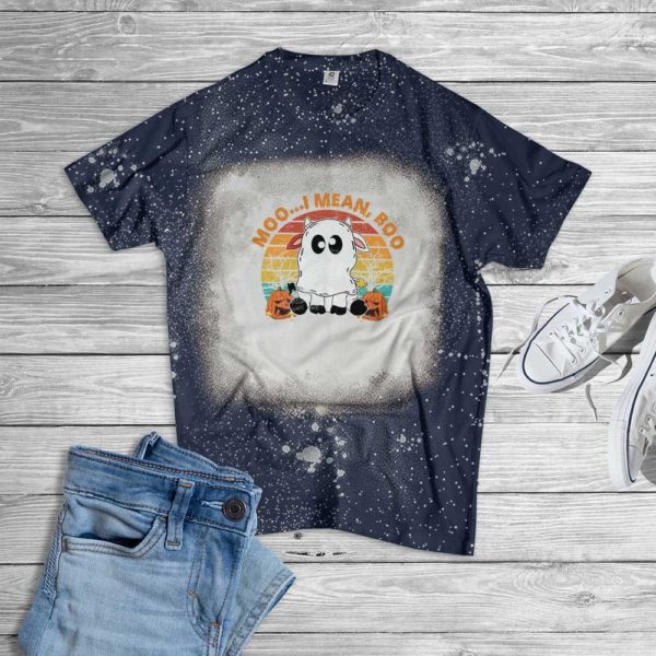 Moo I Mean Boo Ghost Cow Halloween Bleached T-Shirt Bleached T-Shirt Navy XS