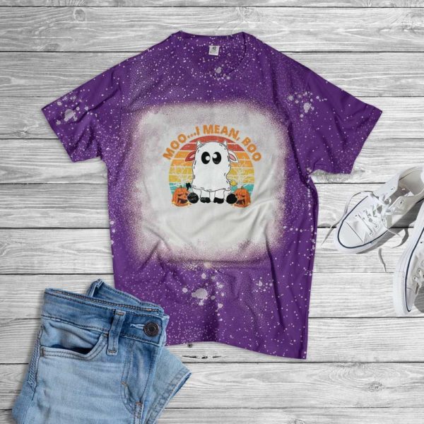 Moo I Mean Boo Ghost Cow Halloween Bleached T-Shirt Bleached T-Shirt Purple XS