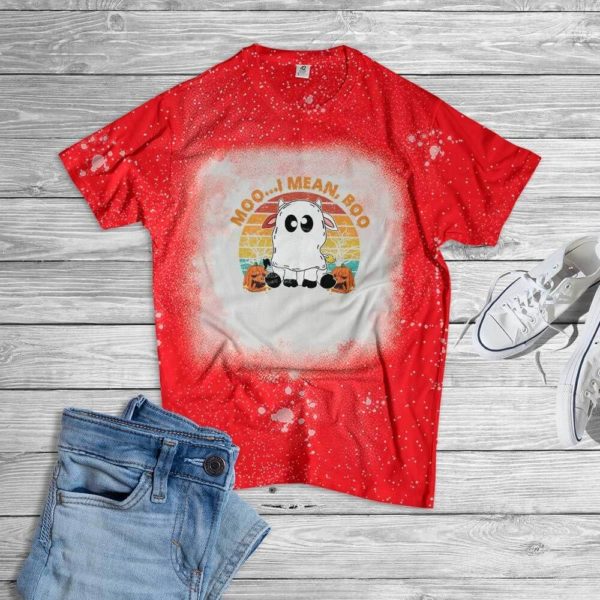Moo I Mean Boo Ghost Cow Halloween Bleached T-Shirt Bleached T-Shirt Red XS