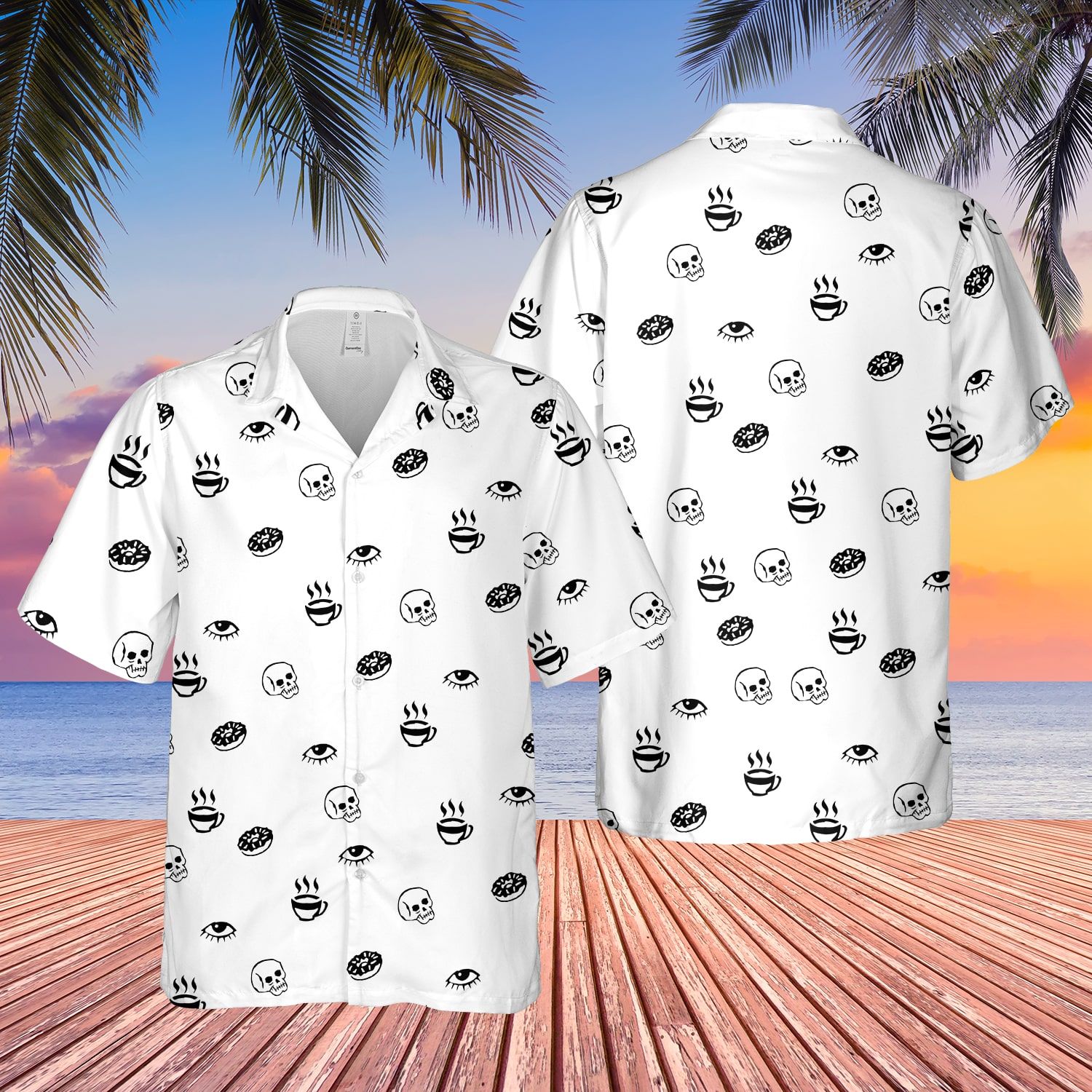 Morning Glory Donut, Coffee, Skull Hawaiian Button Shirt Style: Short Sleeve Hawaiian Shirt, Color: White