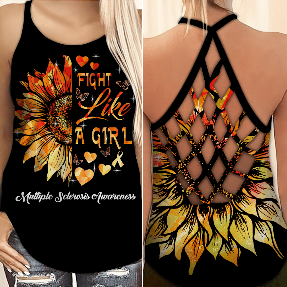 Multiple Sclerosis Awareness Fight Like A Girl Criss Cross Tank Top Style: Criss Cross Tank Top, Color: Black