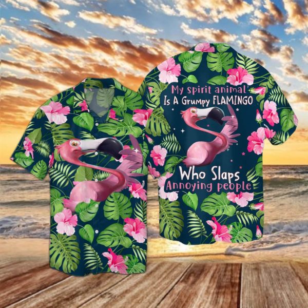 My Spirit Animal Is A Grumpy Flamingo Who Slaps Annoying People Hawaii shirt Short-Sleeve Hawaiian Shirt Green S
