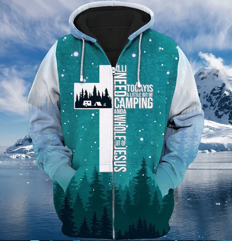 Need Camping and Whole A Lot Of Jesus All Over Print 3D Zip Hoodie Style: 3D Zip Hoodie, Color: Blue