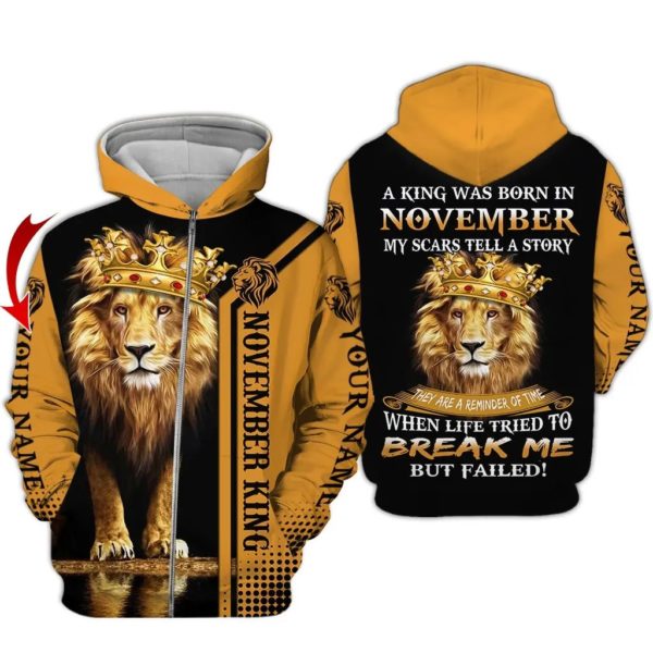 November Guy Lion King Personalized Name 3D All Over Printed Shirt 3D Zip Hoodie Black S