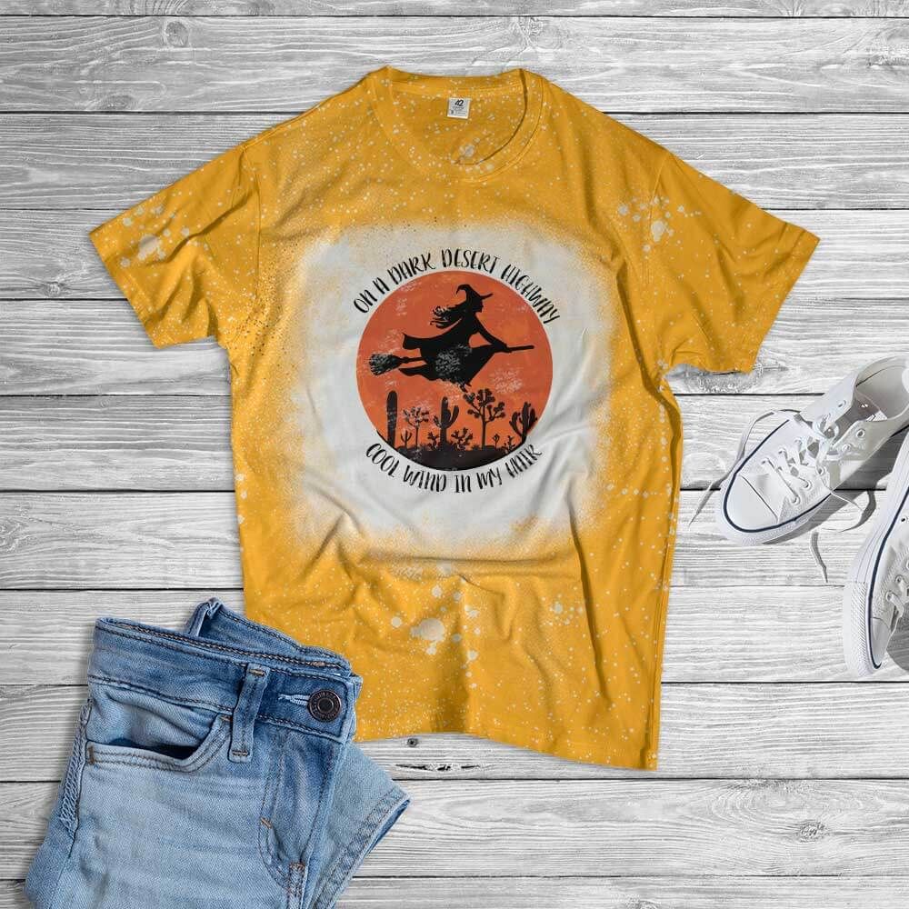 On A Dark Desert Hightway Cool Wind In My Hair Halloween Witch Bleached T-Shirt Style: Bleached T-Shirt, Color: Gold