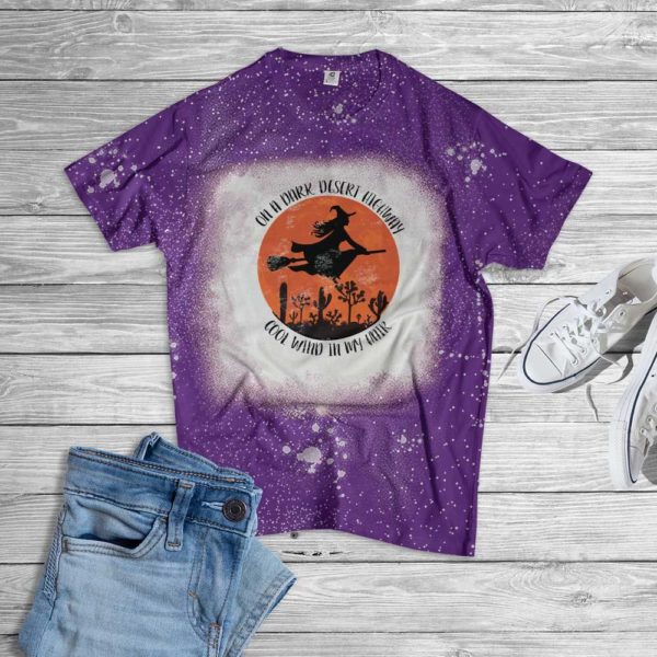 On A Dark Desert Hightway Cool Wind In My Hair Halloween Witch Bleached T-Shirt Bleached T-Shirt Purple XS