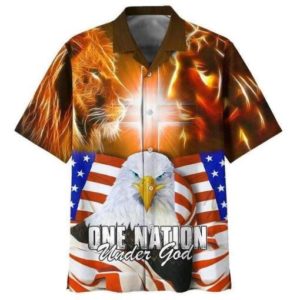 One Nation Under God Lion Eagle Jesus Hawaiian Shirts Short-Sleeve Hawaiian Shirt Gold S