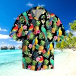 Parrots & Pineapple Tropical Leaves Hawaiian Shirt Short Sleeve Hawaiian Shirt Black S