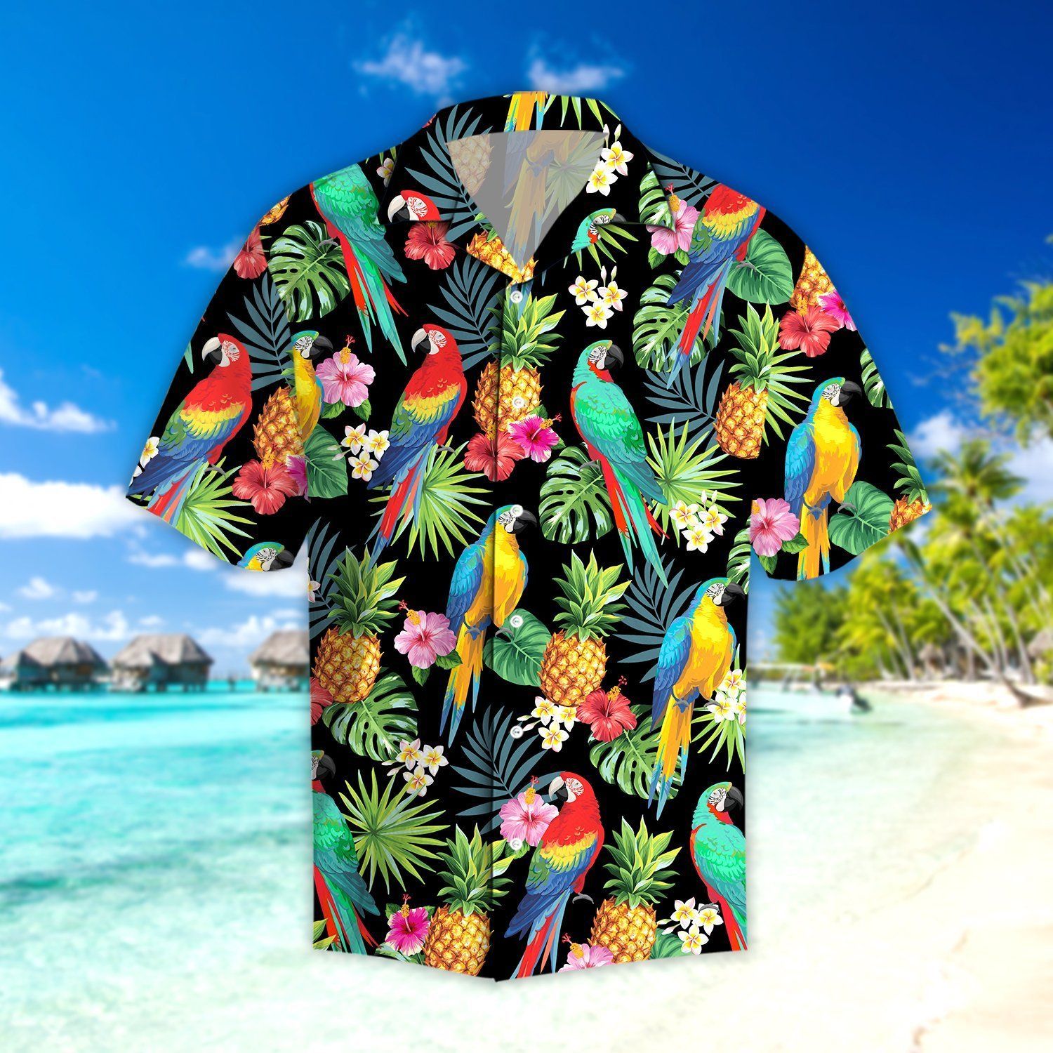 Parrots & Pineapple Tropical Leaves Hawaiian Shirt Style: Short Sleeve Hawaiian Shirt, Color: Black
