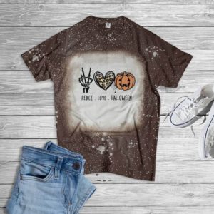 Peace Love Halloween Pumkin Bleached T-Shirt Bleached T-Shirt Brown XS