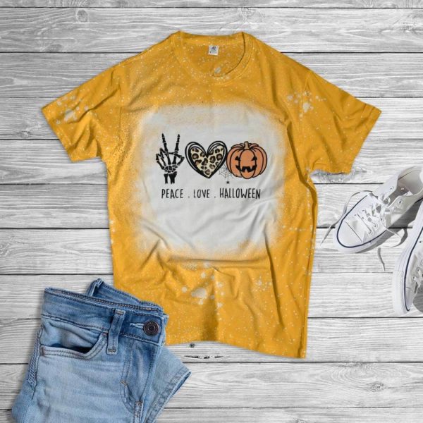 Peace Love Halloween Pumkin Bleached T-Shirt Bleached T-Shirt Gold XS
