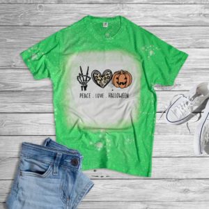 Peace Love Halloween Pumkin Bleached T-Shirt Bleached T-Shirt Green XS