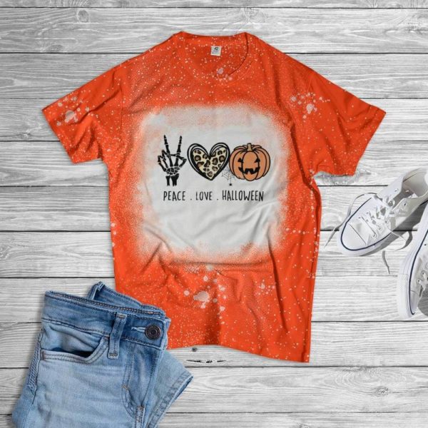 Peace Love Halloween Pumkin Bleached T-Shirt Bleached T-Shirt Orange XS