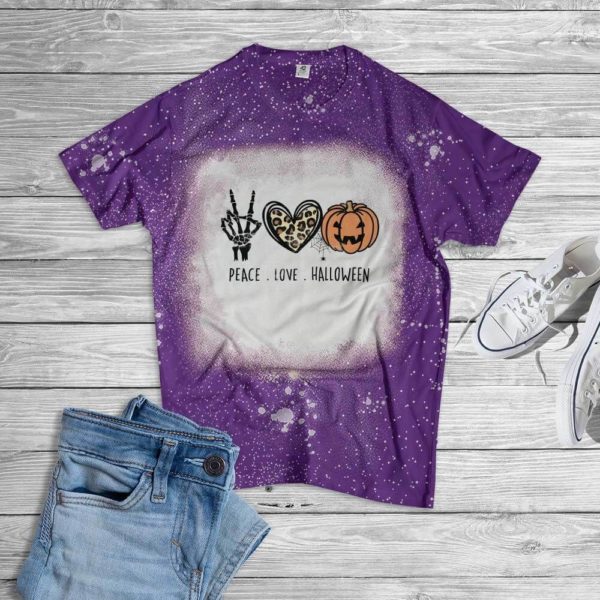 Peace Love Halloween Pumkin Bleached T-Shirt Bleached T-Shirt Purple XS