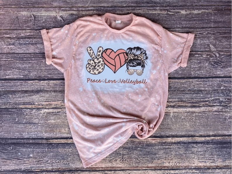 Peace Love Volleyball | Volleyball Messy Bun Lady Bleached Shirt Style: Bleached T-Shirt, Color: Light Pink