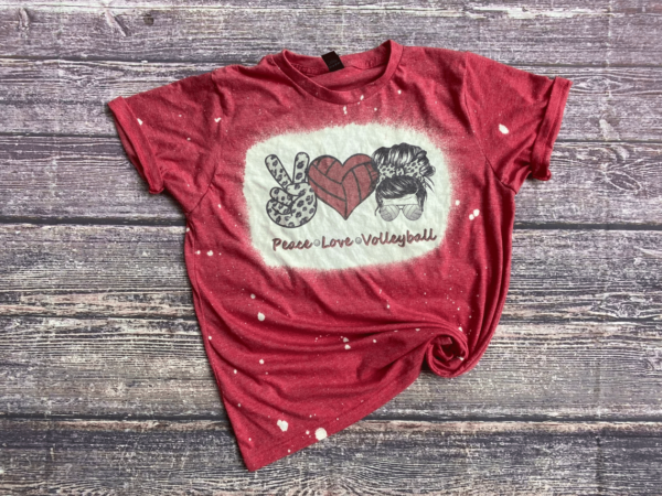 Peace Love Volleyball | Volleyball Messy Bun Lady Bleached Shirt Bleached T-Shirt Red XS