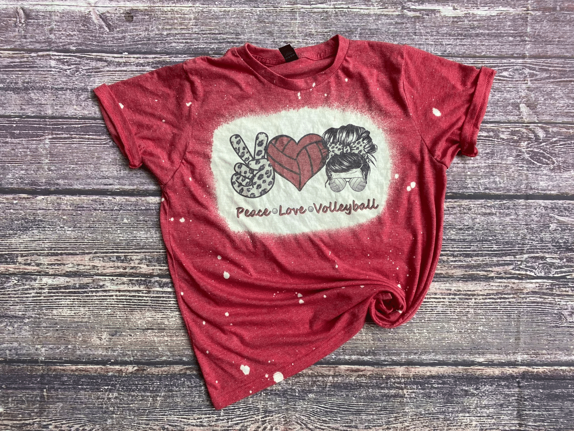 Peace Love Volleyball | Volleyball Messy Bun Lady Bleached Shirt Style: Bleached T-Shirt, Color: Red