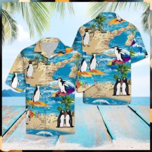 Penguin Summer Vacation Hawaiian Shirt Short Sleeve Hawaiian Shirt Light Blue S