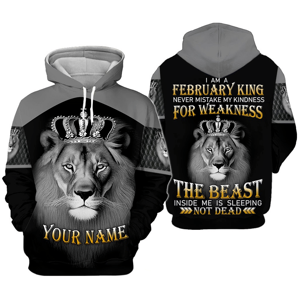 Personalized Name Lion February King The Beast Inside Me Is Sleeping All Over Print Hoodie Style: 3D Hoodie, Color: Black