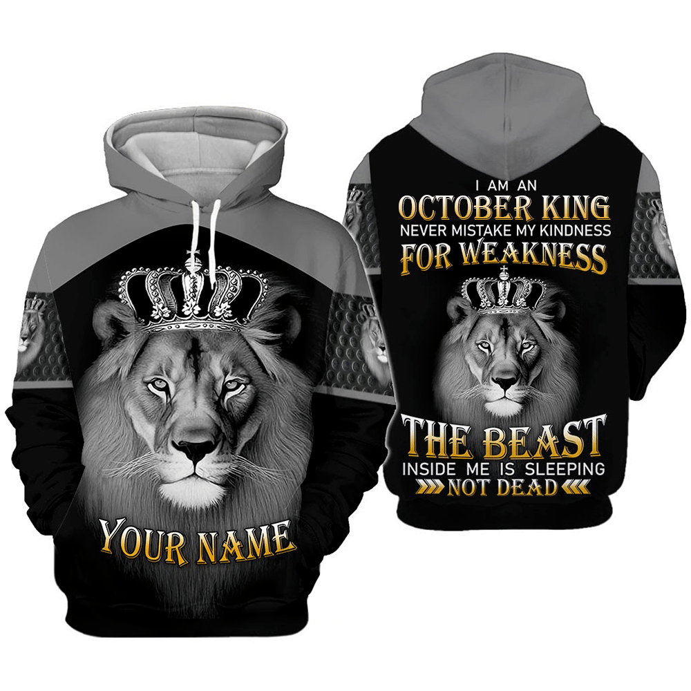 Personalized Name Lion October King The Beast Inside Me Is Sleeping All Over Print Hoodie Style: 3D Hoodie, Color: Black