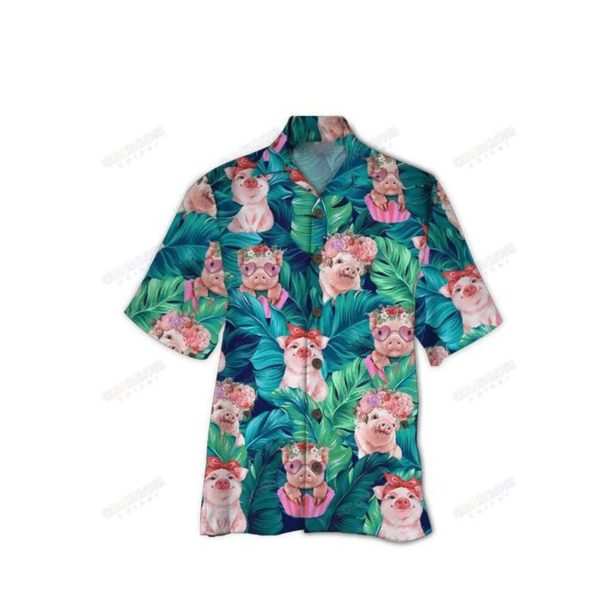 Pig And Tropical Leaves Hawaiian Shirt Short Sleeve Hawaiian Shirt Green S