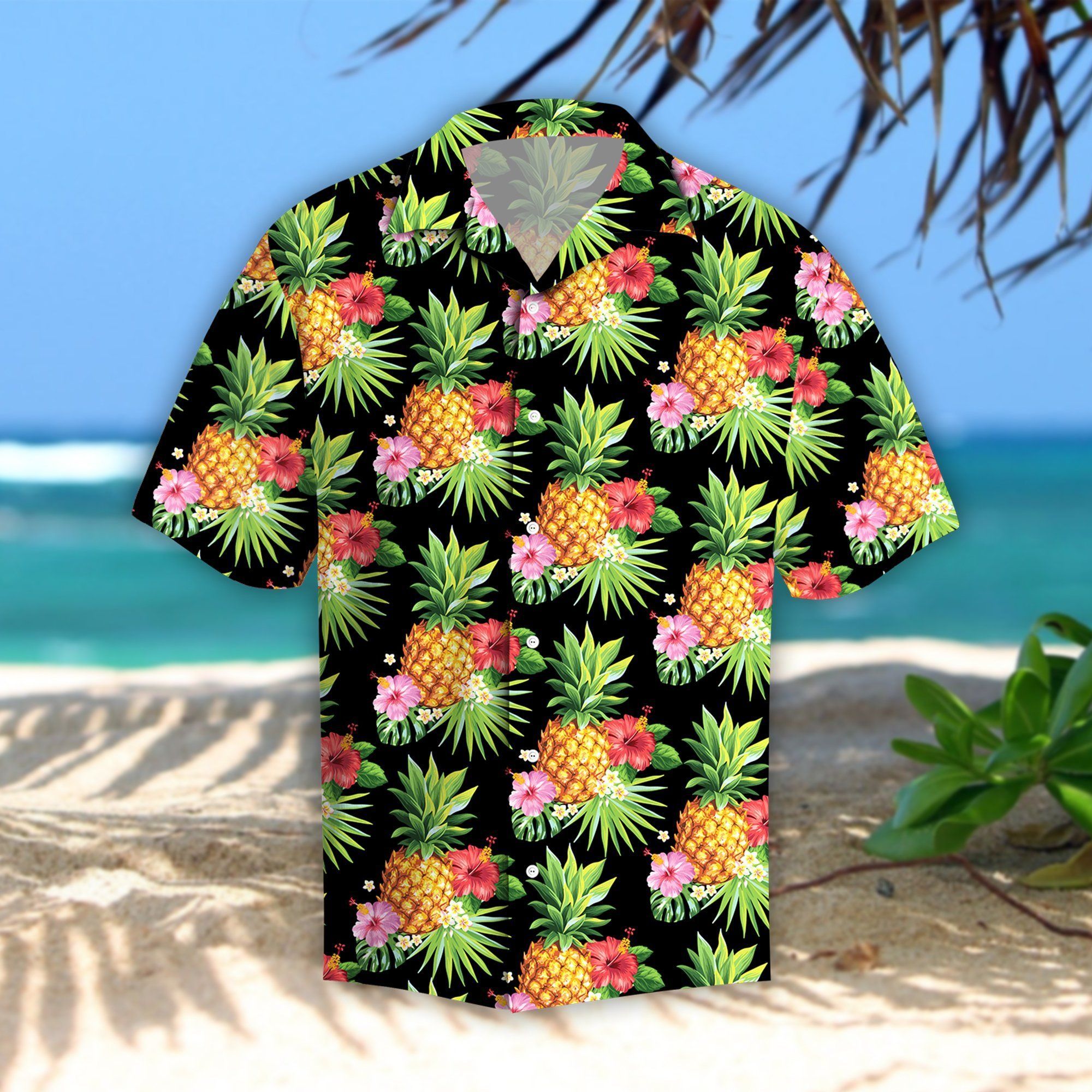 Pineapple Tropical Leaves Hawaiian Shirt Style: Short Sleeve Hawaiian Shirt, Color: Black