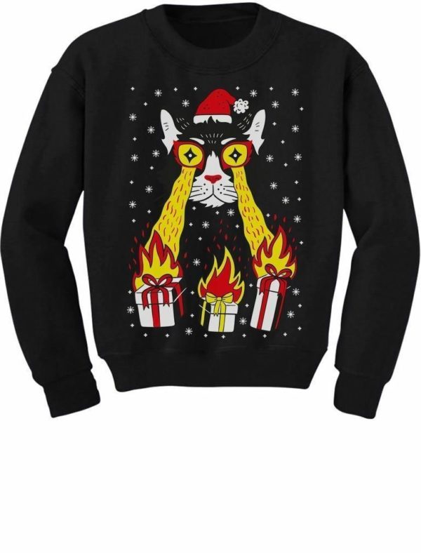 Power Laser Eyes of Cat Santa Christmas Sweatshirt Sweatshirt Black S