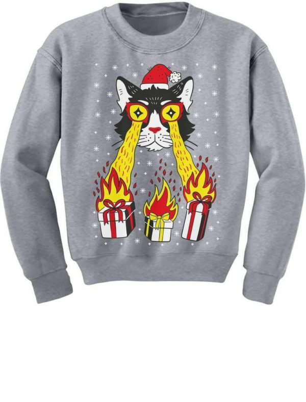 Power Laser Eyes of Cat Santa Christmas Sweatshirt Sweatshirt Gray S