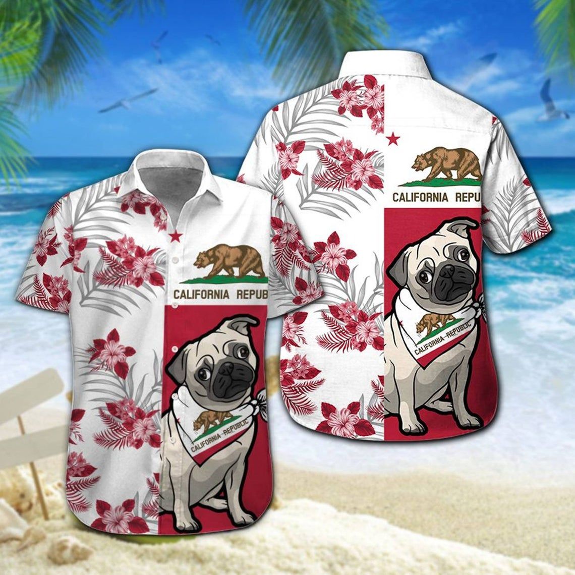 Pug California Republic Hawaiian Shirt Style: Short Sleeve Hawaiian Shirt, Color: White