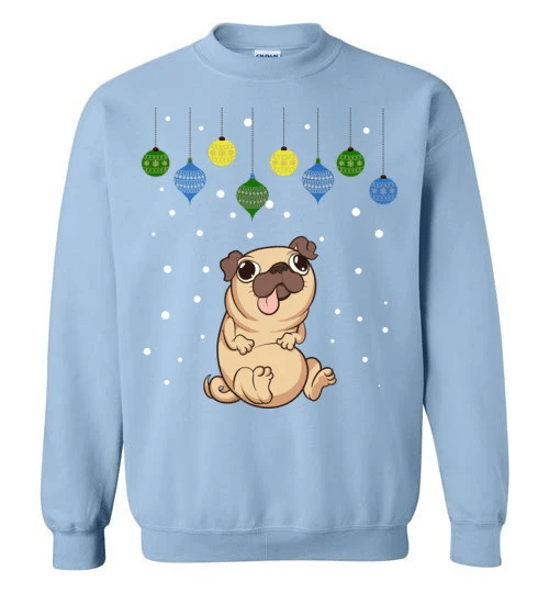 Pug cute Christmas Sweater Sweatshirt Light Blue S