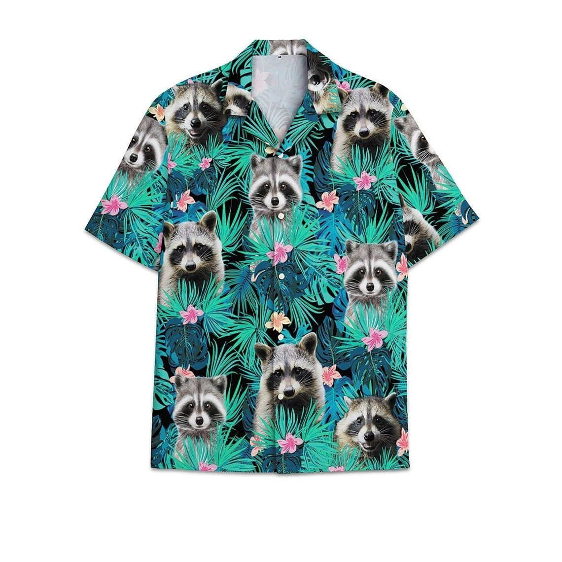 Raccoon tropical hawaiian button shirt Style: Short Sleeve Hawaiian Shirt, Color: White