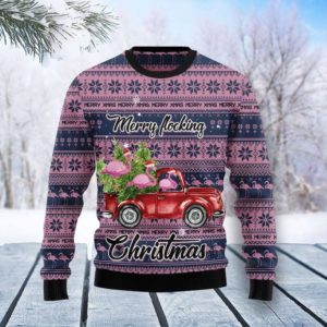 Red Car Flamingo Merry Flocking Christmas Sweater AOP Sweater Purple S