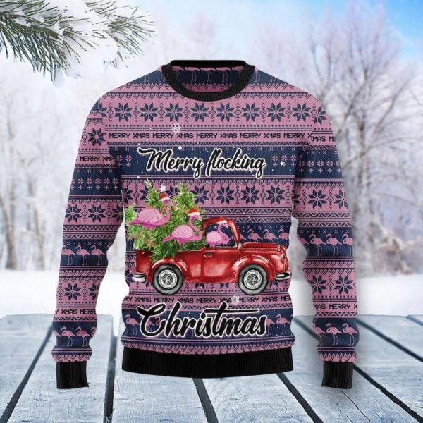 Red Car Flamingo Merry Flocking Christmas Sweater AOP Sweater Purple S
