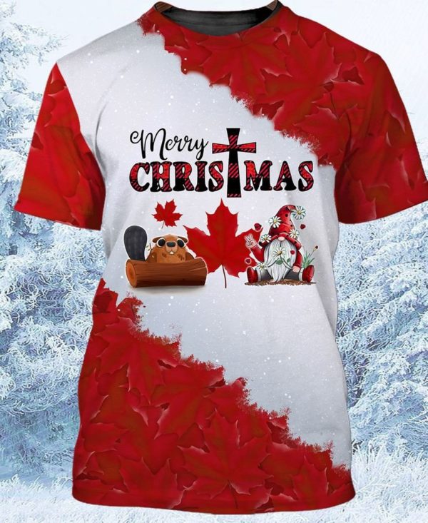 Red Maple Merry Christmas Gnome And Beaver All Over Print 3D Shirt 3D T-Shirt Red S