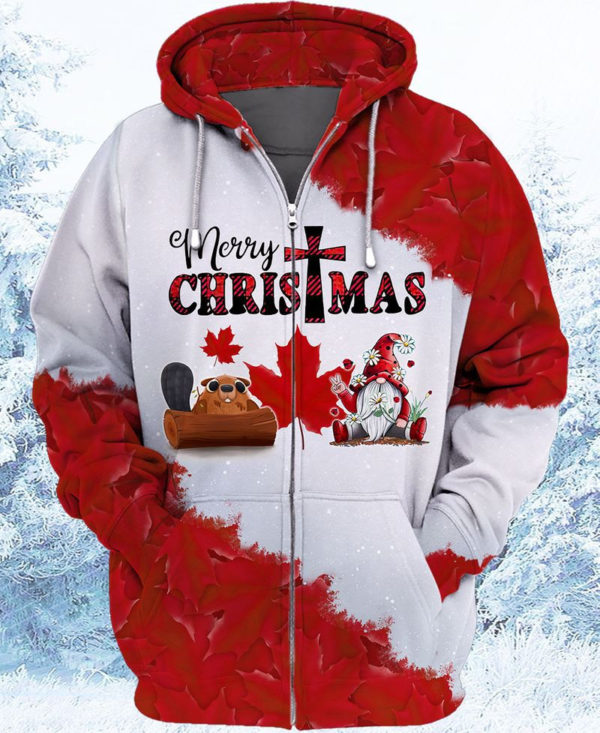 Red Maple Merry Christmas Gnome And Beaver All Over Print 3D Shirt 3D Zip Hoodie Red S