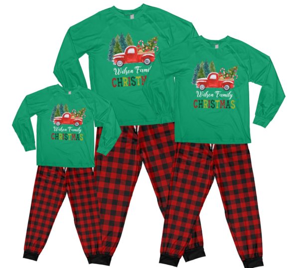 Red Truck Christmas Tree Pajamas Personalized Names Family Christmas Pajamas Set Kid Pajamas Shirt Green 2Y