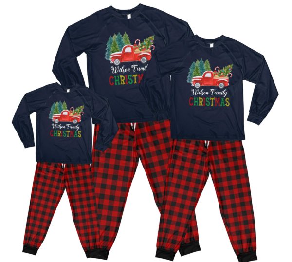 Red Truck Christmas Tree Pajamas Personalized Names Family Christmas Pajamas Set Kid Pajamas Shirt Navy 2Y