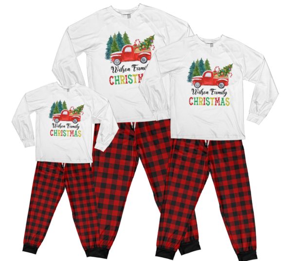 Red Truck Christmas Tree Pajamas Personalized Names Family Christmas Pajamas Set Kid Pajamas Shirt White 2Y